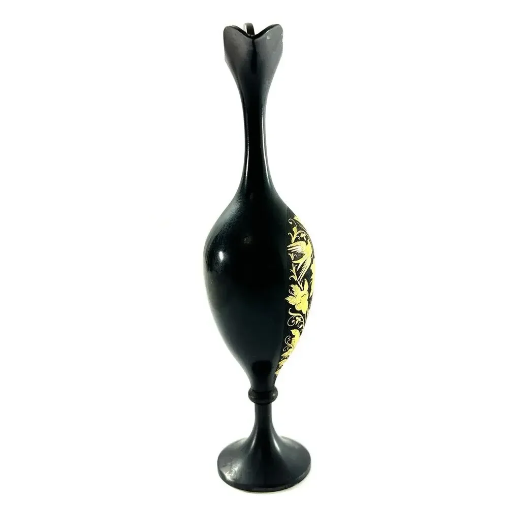 Vintage Black Gold Metal Ewer Vase Hollywood Regency Floral Bird Pitcher 7”
